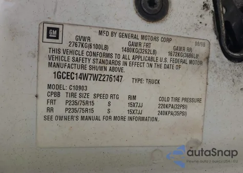 1998 Chevrolet C1500 Fleetside W/T из США, поврежденный, VIN 1GCEC14W7WZ276147